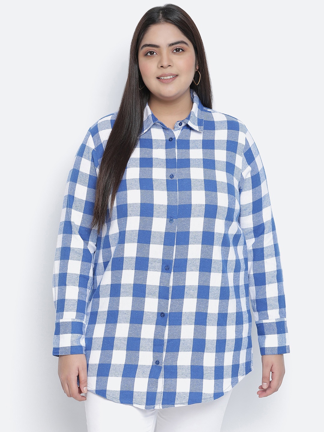 

Oxolloxo Women Blue & White Opaque Checked Casual Shirt