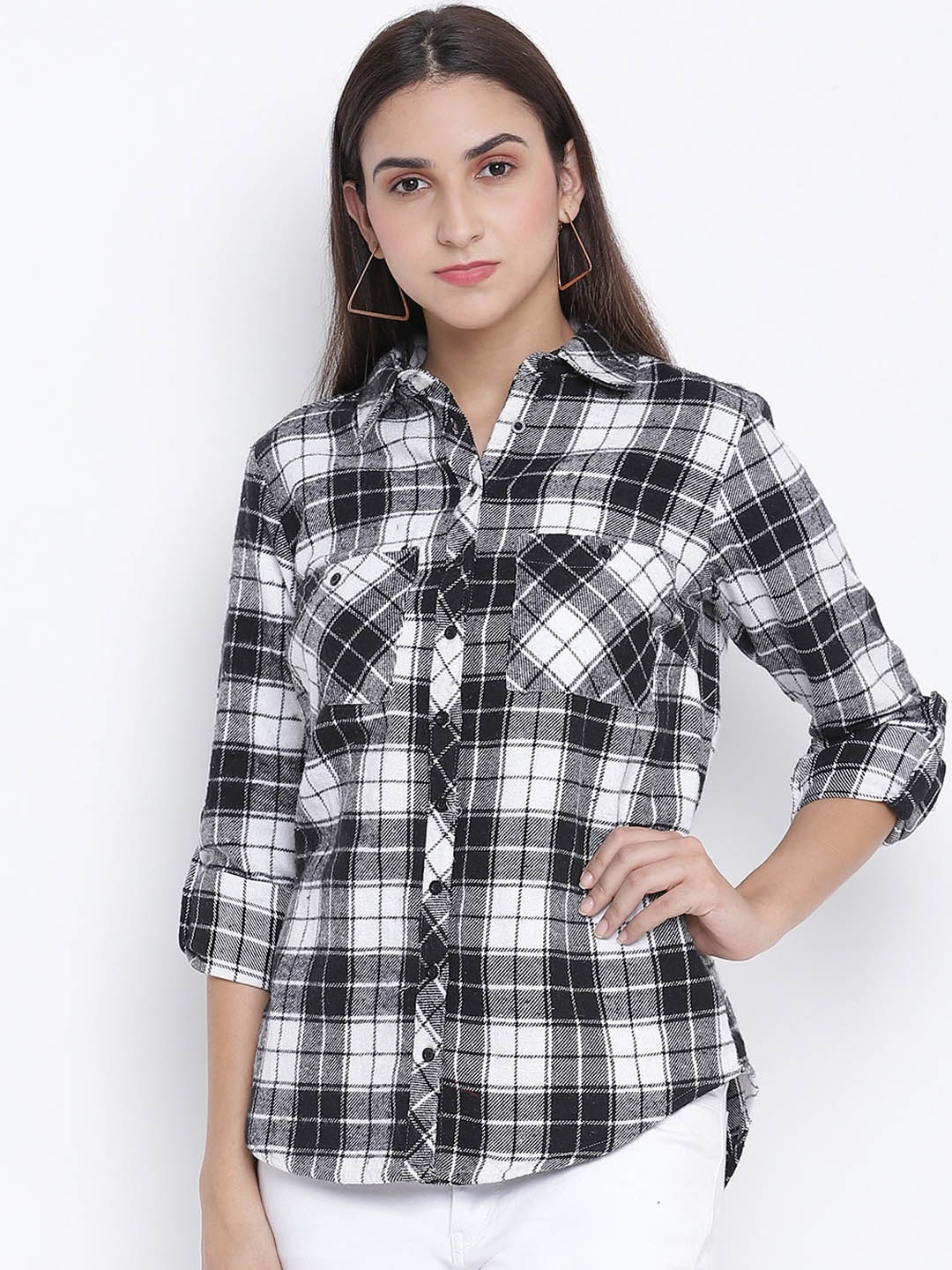 

Oxolloxo Women Black Tartan Checks Opaque Checked Casual Shirt