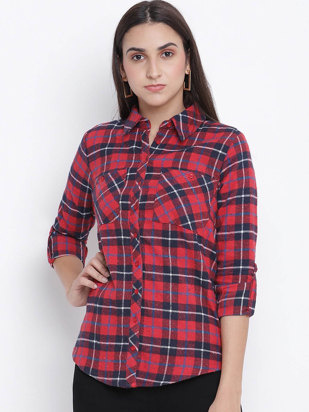 

Oxolloxo Women Red Tartan Checks Opaque Checked Casual Shirt