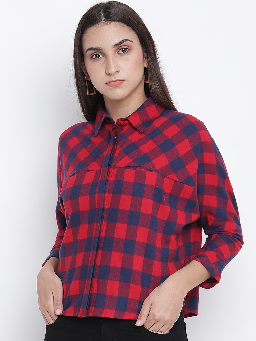 

Oxolloxo Women Red Buffalo Checks Checked Casual Shirt