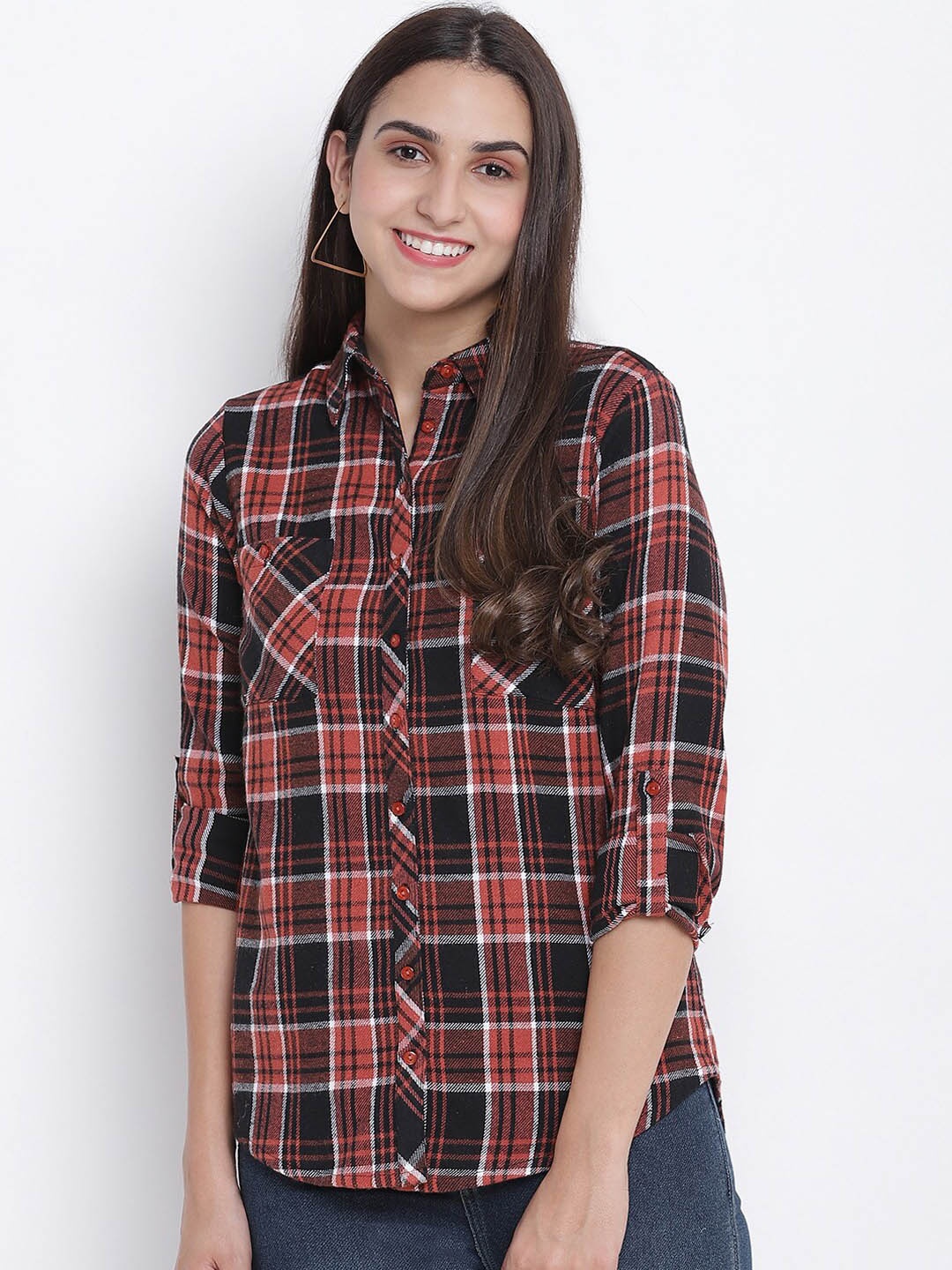 

Oxolloxo Women Brown Tartan Checks Opaque Checked Casual Shirt