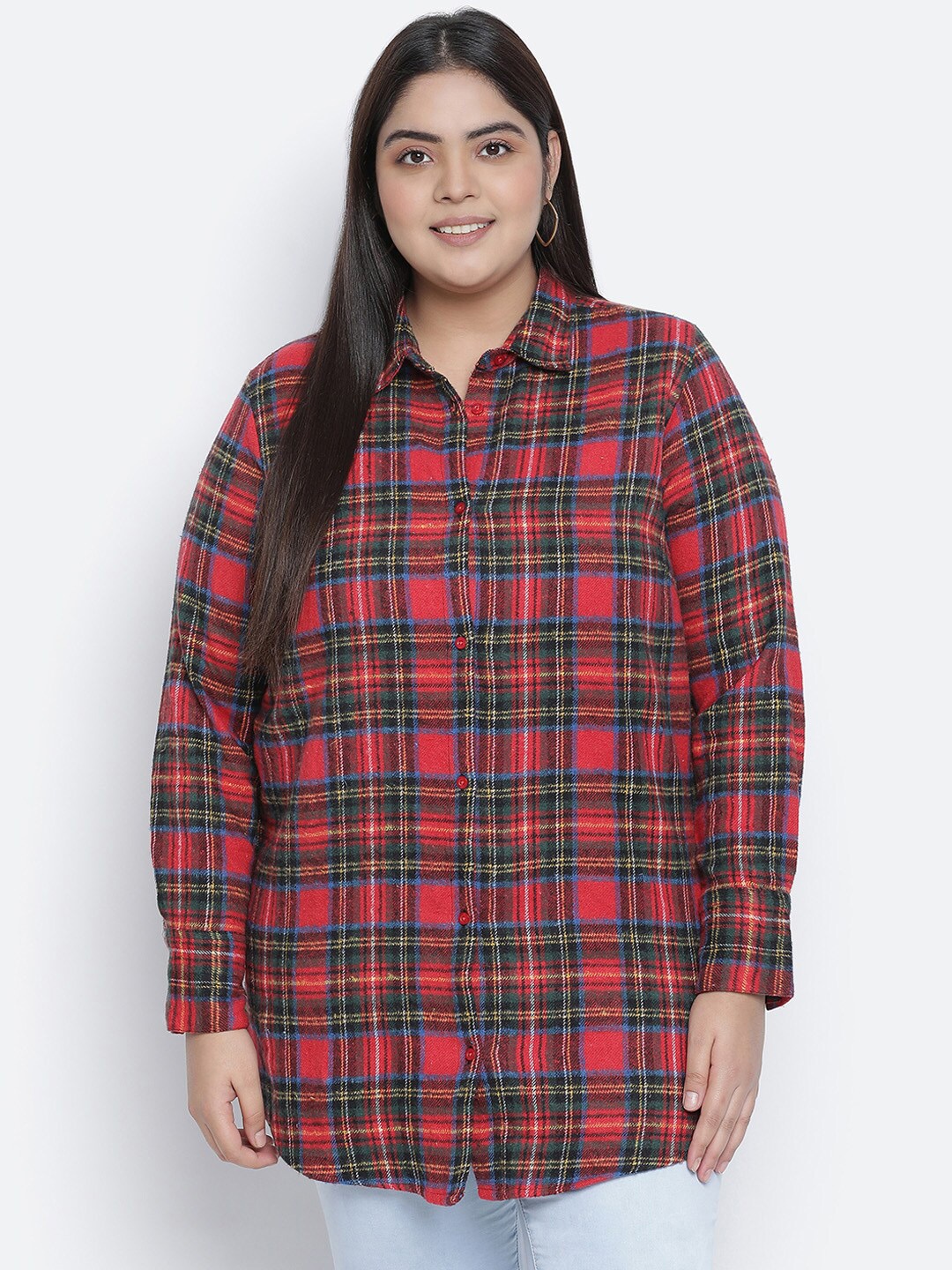 

Oxolloxo Women Red Tartan Checks Opaque Checked Casual Shirt