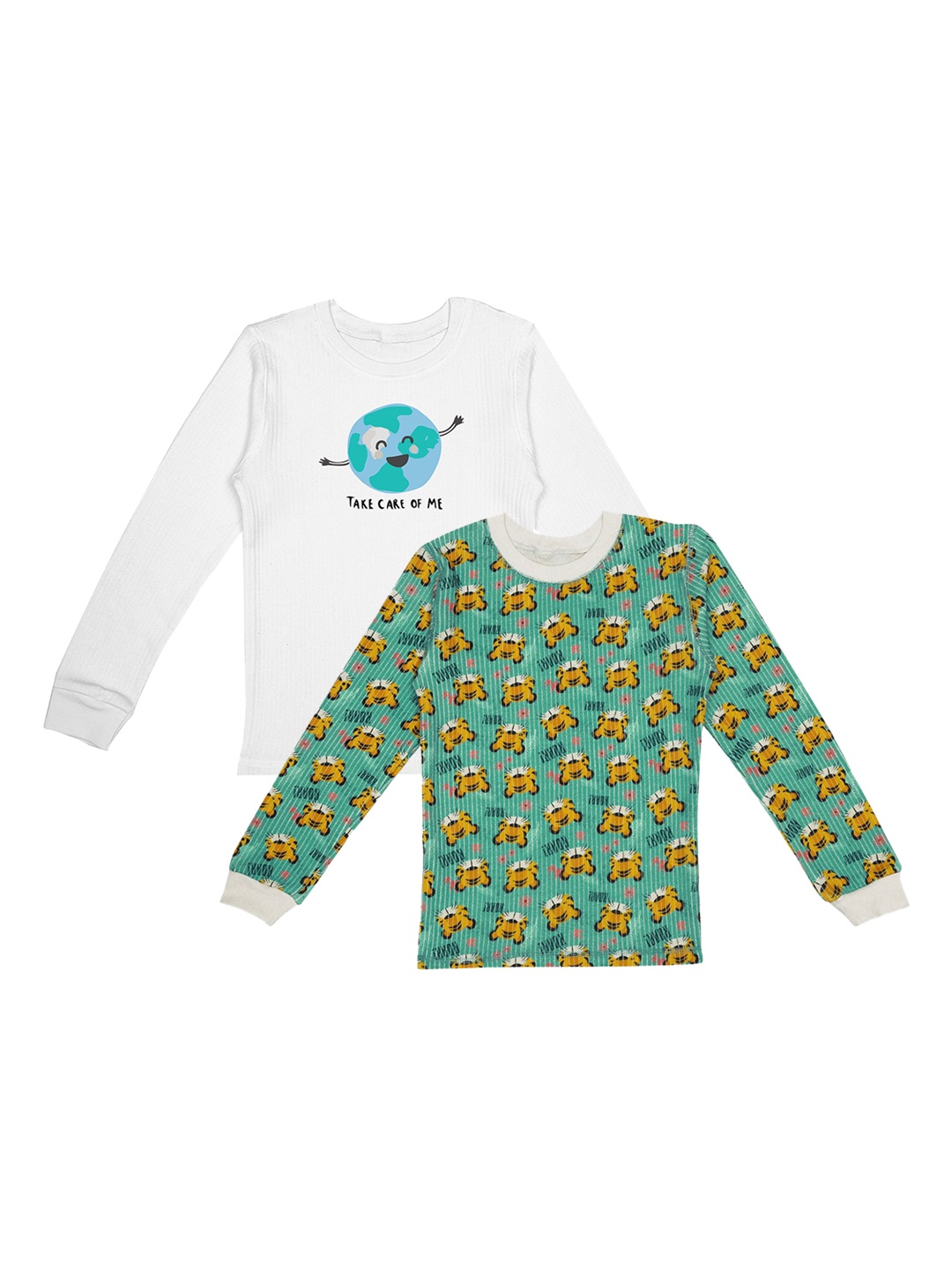 

DChica Boys Pack Of 2 White & Green Printed Cotton Thermal Tops