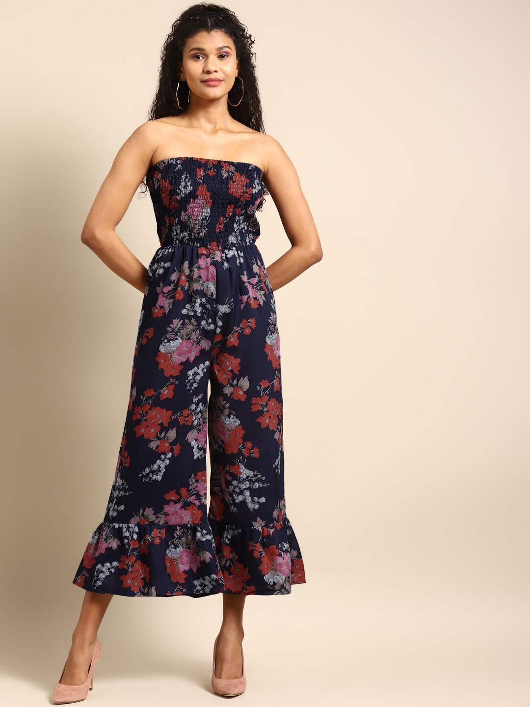 

DODO & MOA Navy Blue & Brown Off-Shoulder Floral Printed Smocked Basic Jumpsuit