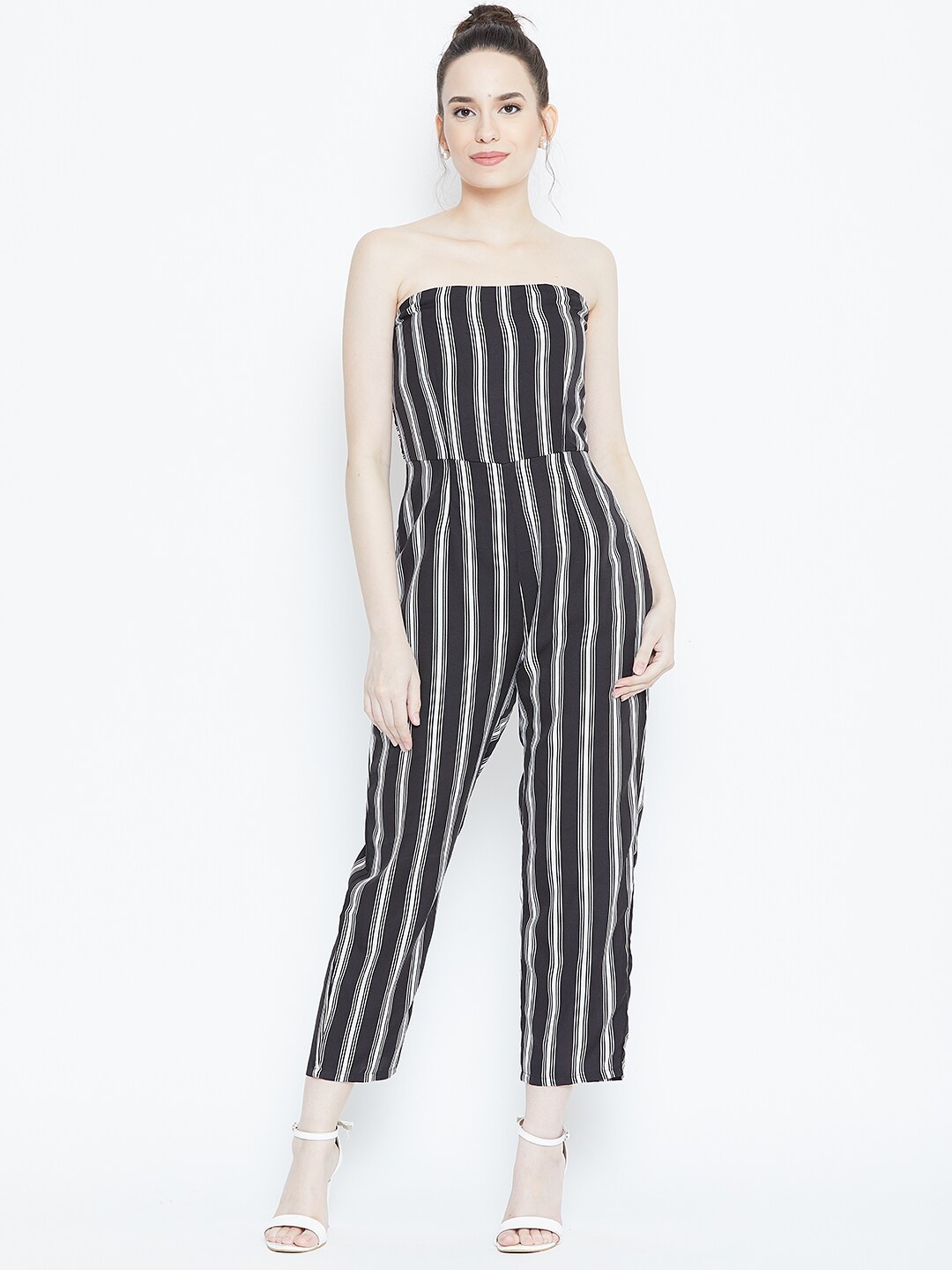 

DODO & MOA Black & White Off-Shoulder Striped Basic Jumpsuit