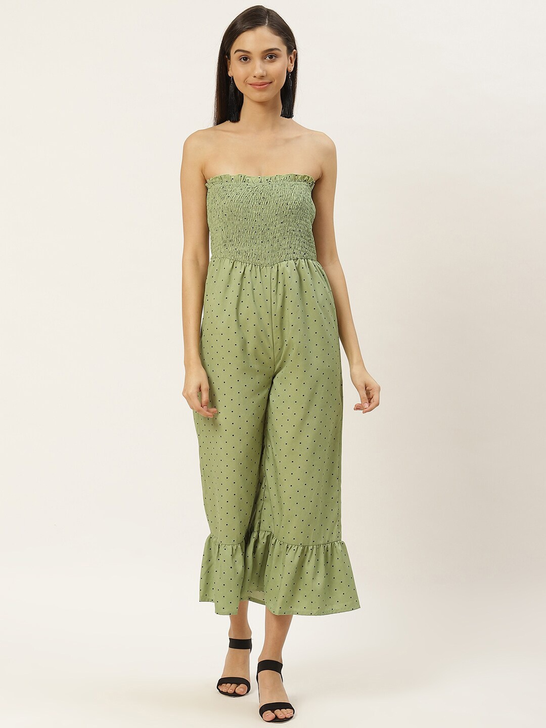 

DODO & MOA Green Off-Shoulder Printed Basic Jumpsuit With Ruffles