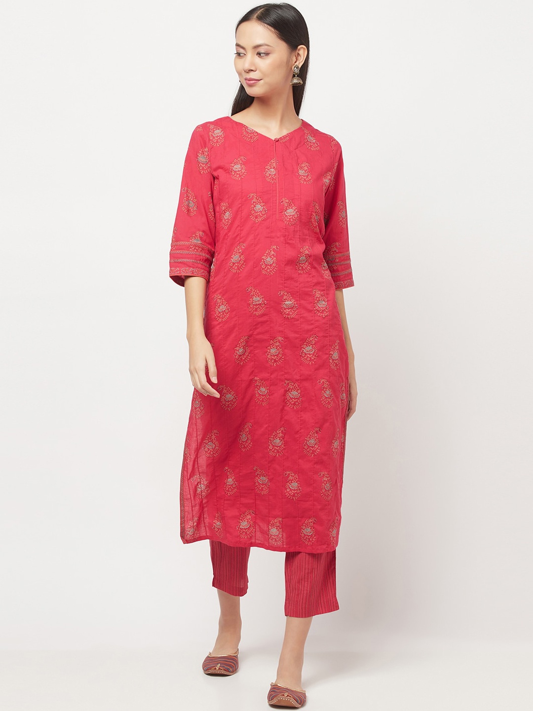 

Fabindia Women Pink Ethnic Motifs Printed Regular Pure Cotton Kurta with Trousers