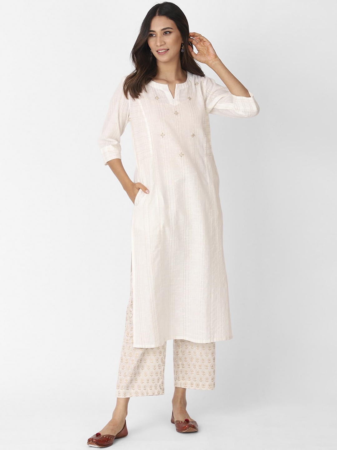 

Fabindia Women Beige Striped Pure Cotton Kurta with Palazzos