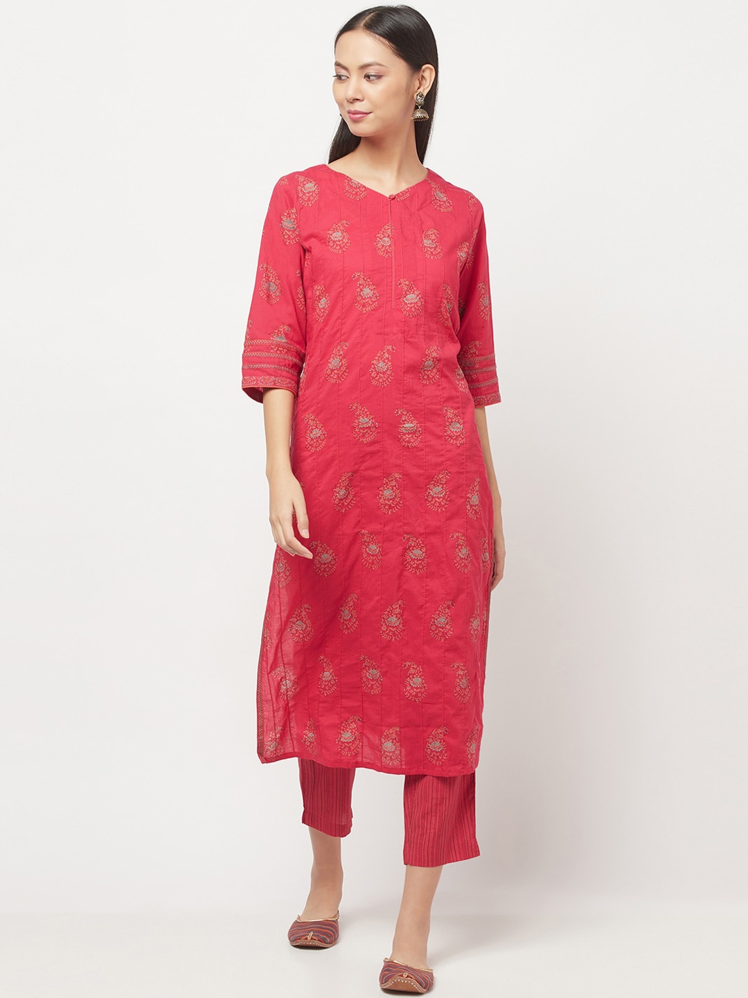 

Fabindia Women Pink Printed Regular Pure Cotton Kurta with Trousers