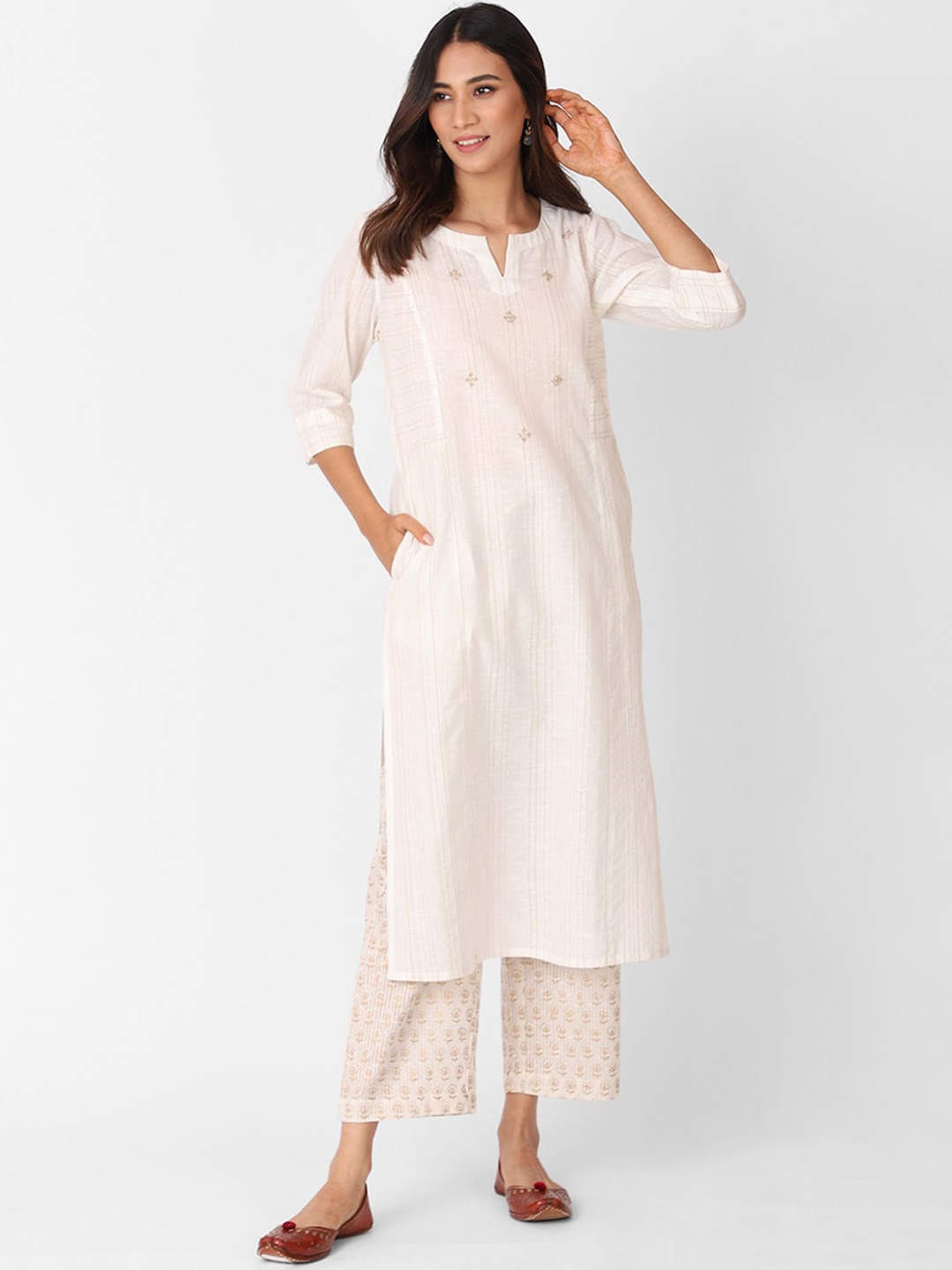 

Fabindia Women Beige Floral Striped Regular Pure Cotton Kurta with Palazzos