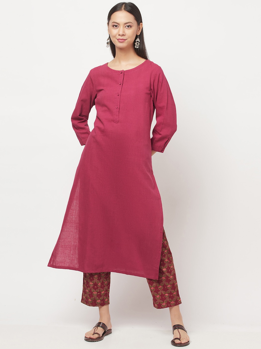 

Fabindia Women Maroon Floral Regular Pure Cotton Kurti with Trousers