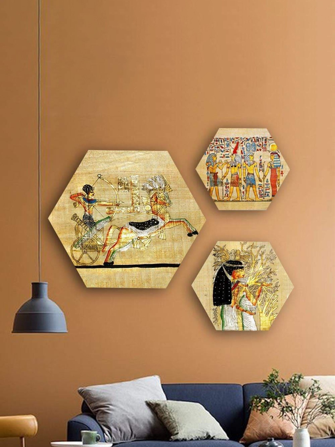 

THE ARTMENT Set of 3 Multi Life of Pharaohs Hexagonal Canvas Wall Art