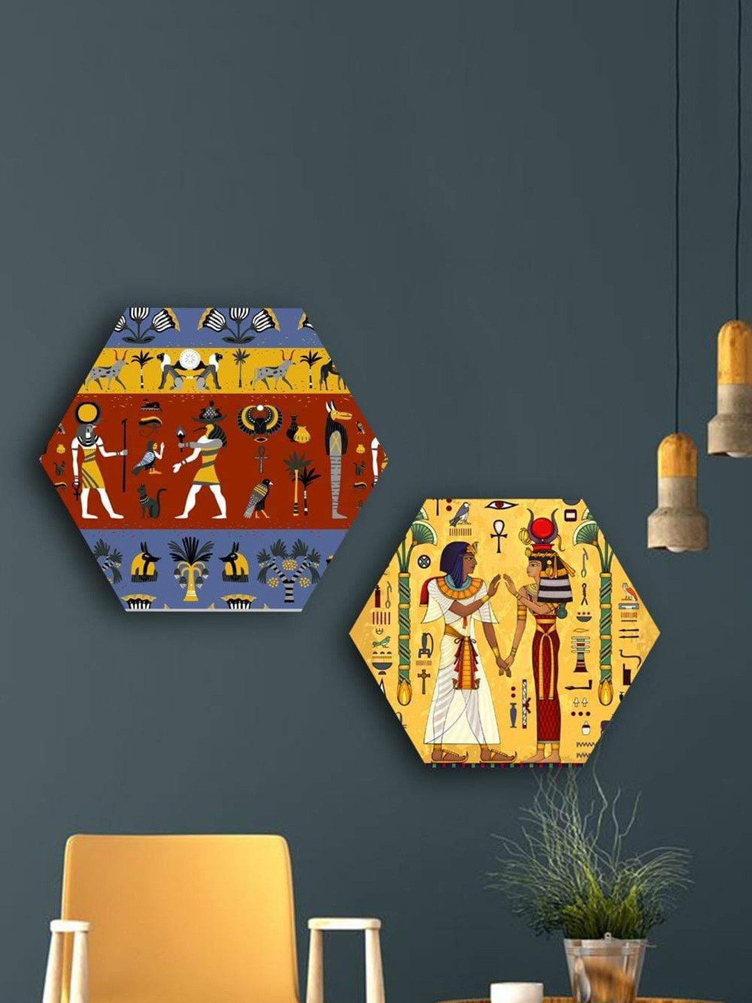 

THE ARTMENT Set of 2 Multi Egyptian Life Hexagonal Canvas Wall Art