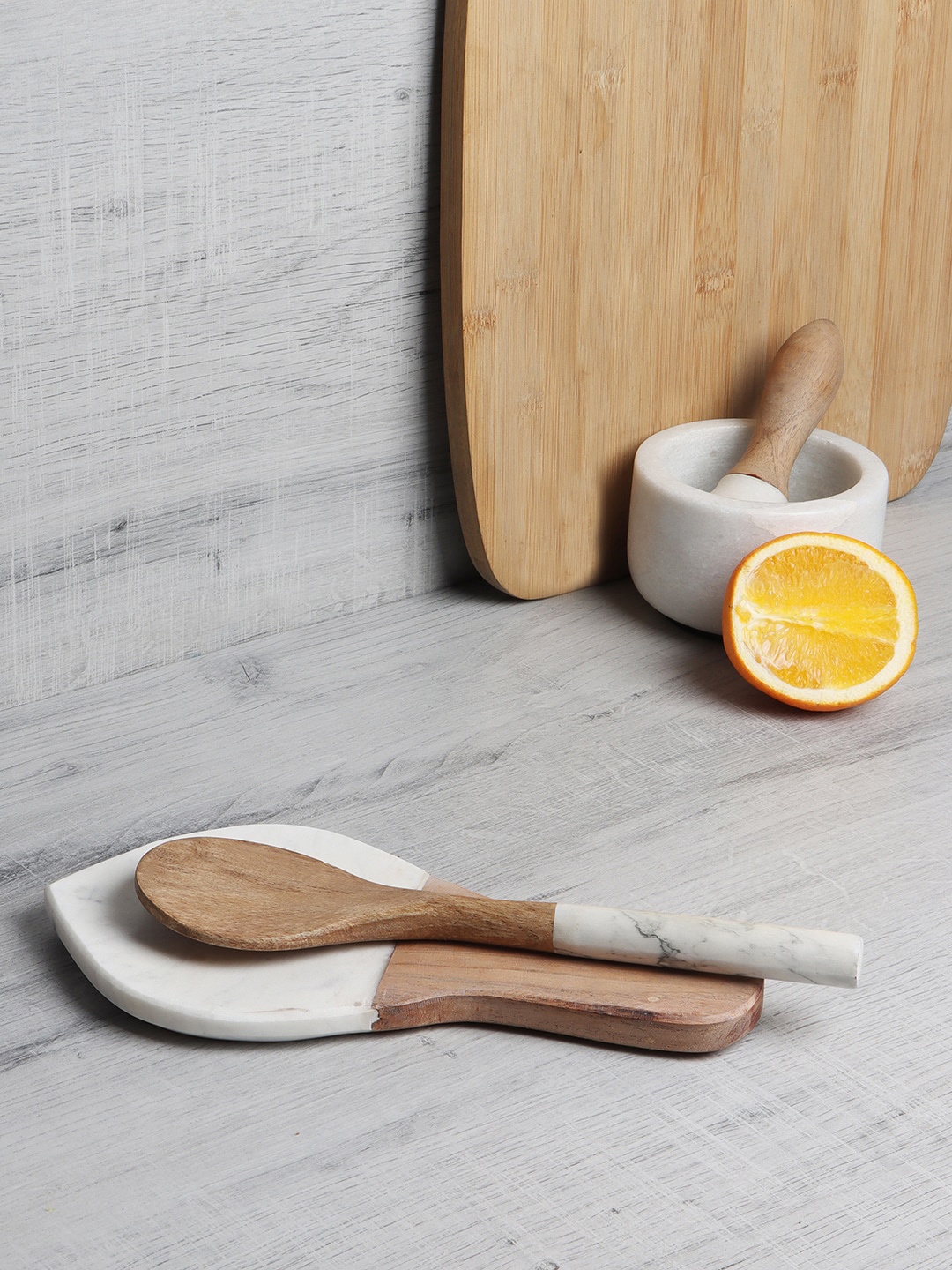

NikkisPride Handmade Marble Serving Spoons Rest Wooden Tail, White
