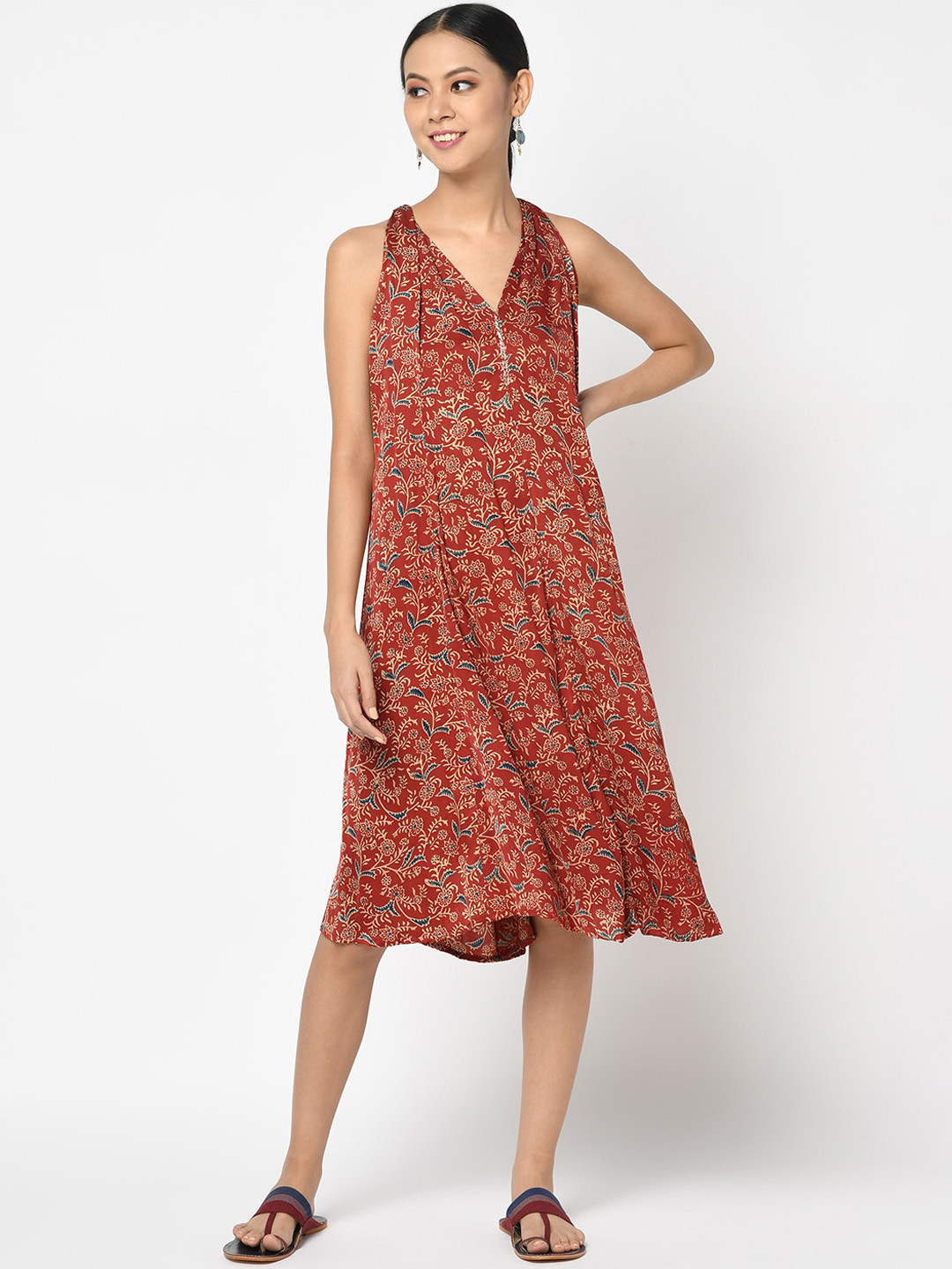 

Fabindia Red Floral A-Line Dress