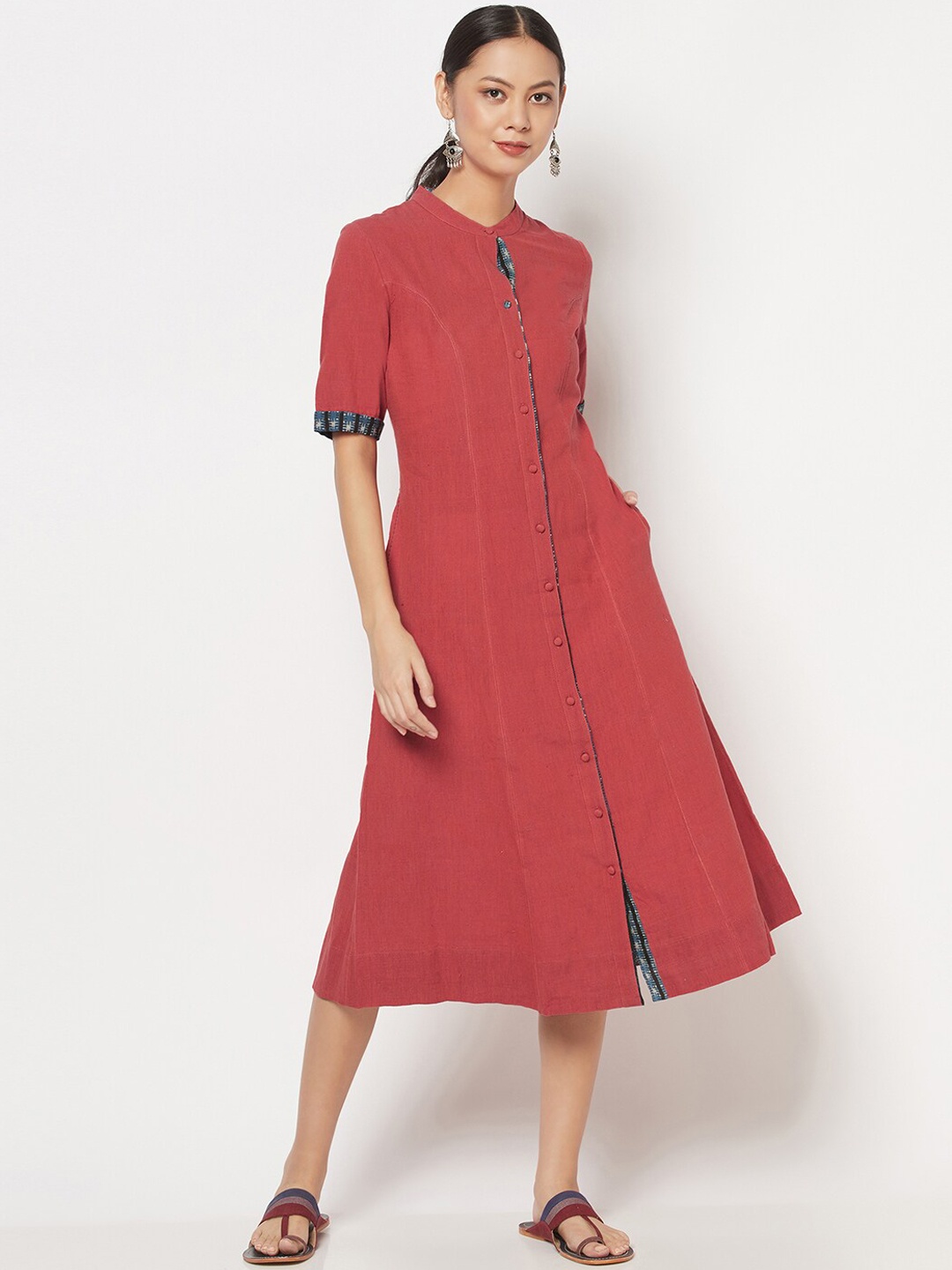 

Fabindia Rust A-Line Midi Cotton Dress