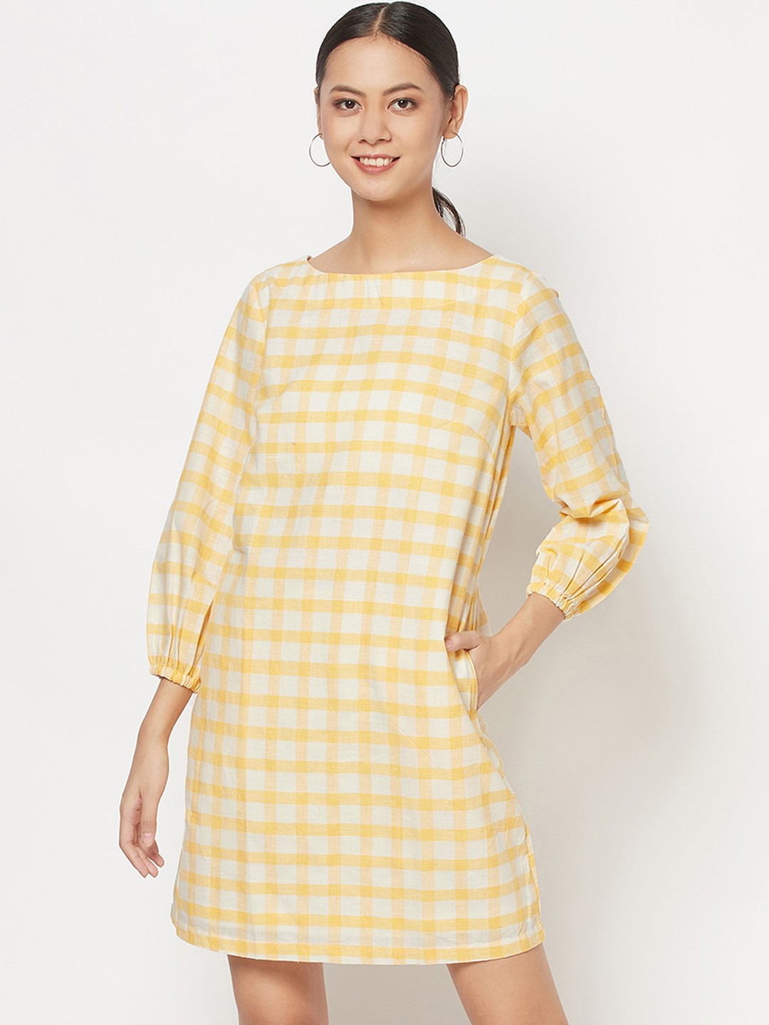 

Fabindia Women Yellow Checked A-Line Dress