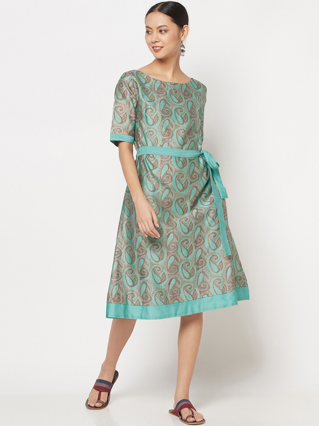 

Fabindia Turquoise Blue & Purple Ethnic Motifs A-Line Midi Dress