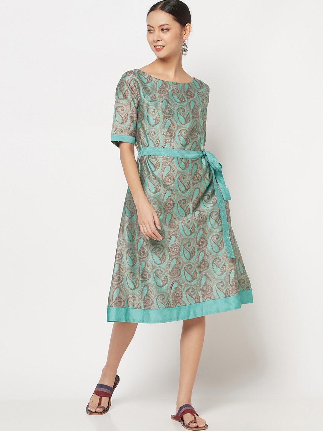

Fabindia Turquoise Blue Ethnic Motifs Cotton A-Line Dress