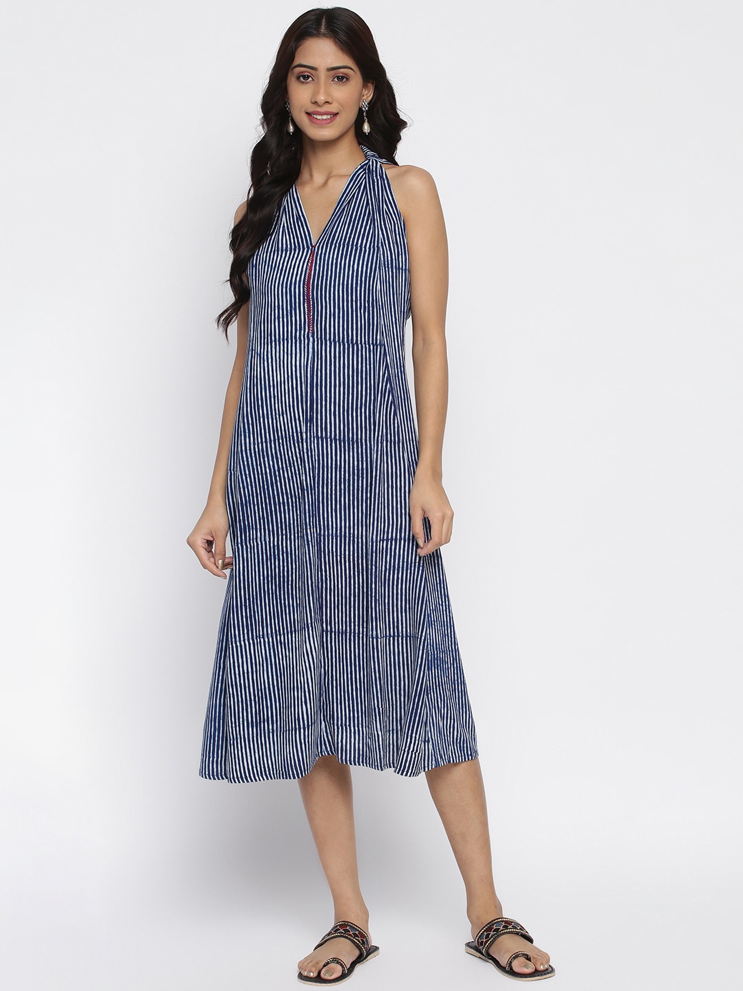 

Fabindia Blue & White Striped A-Line Midi Dress