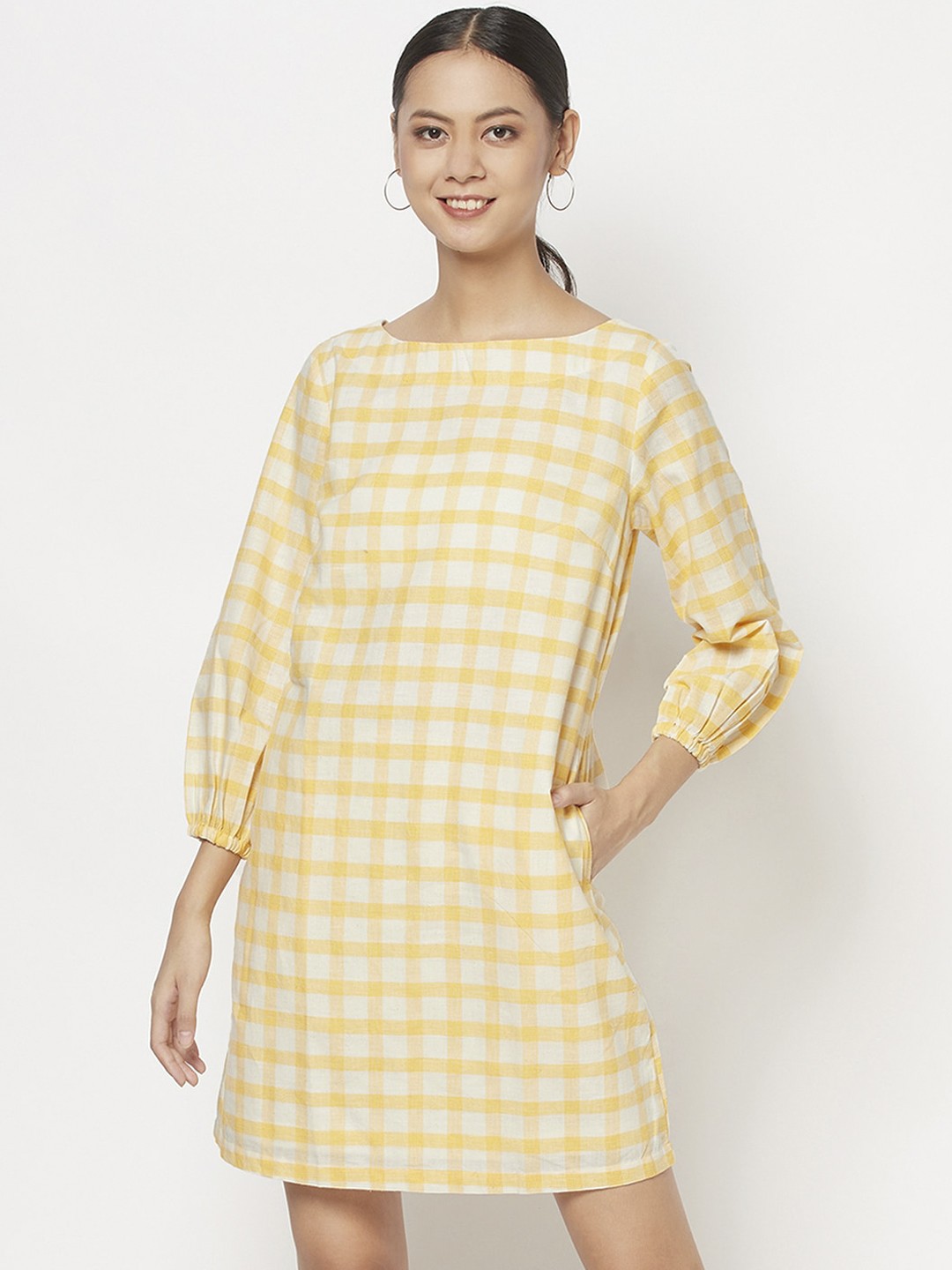 

Fabindia Yellow Cotton Checked A-Line Dress