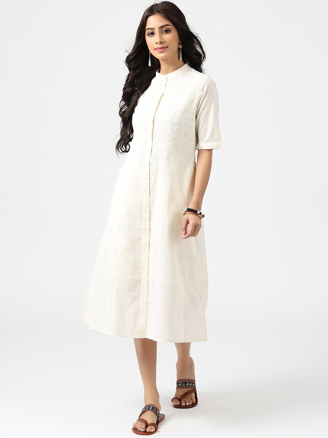 

Fabindia Cream-Coloured Floral Embroidered Shirt Dress