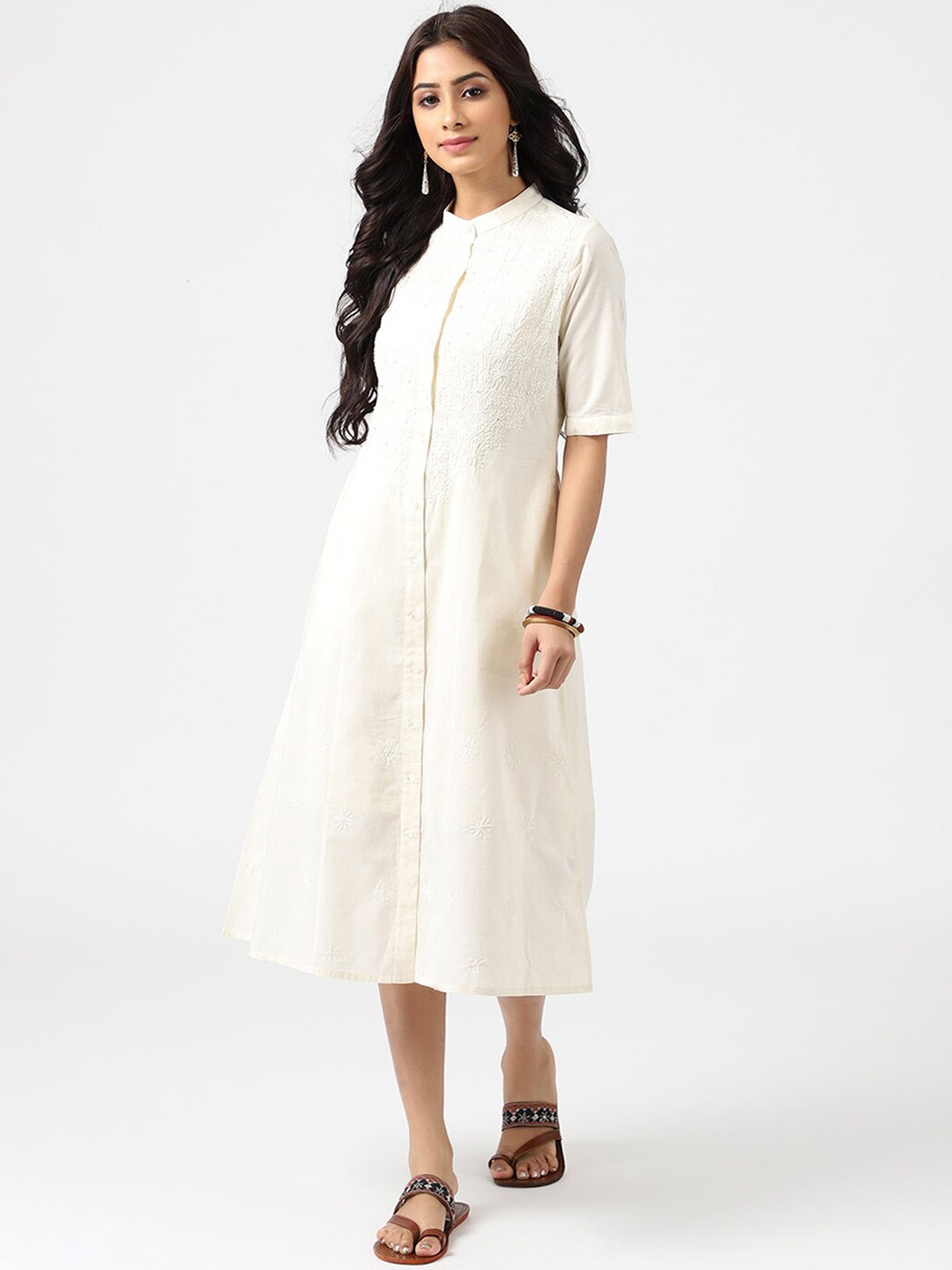 

Fabindia Cream-Coloured Embroidered Cotton Ethnic Shirt Dress