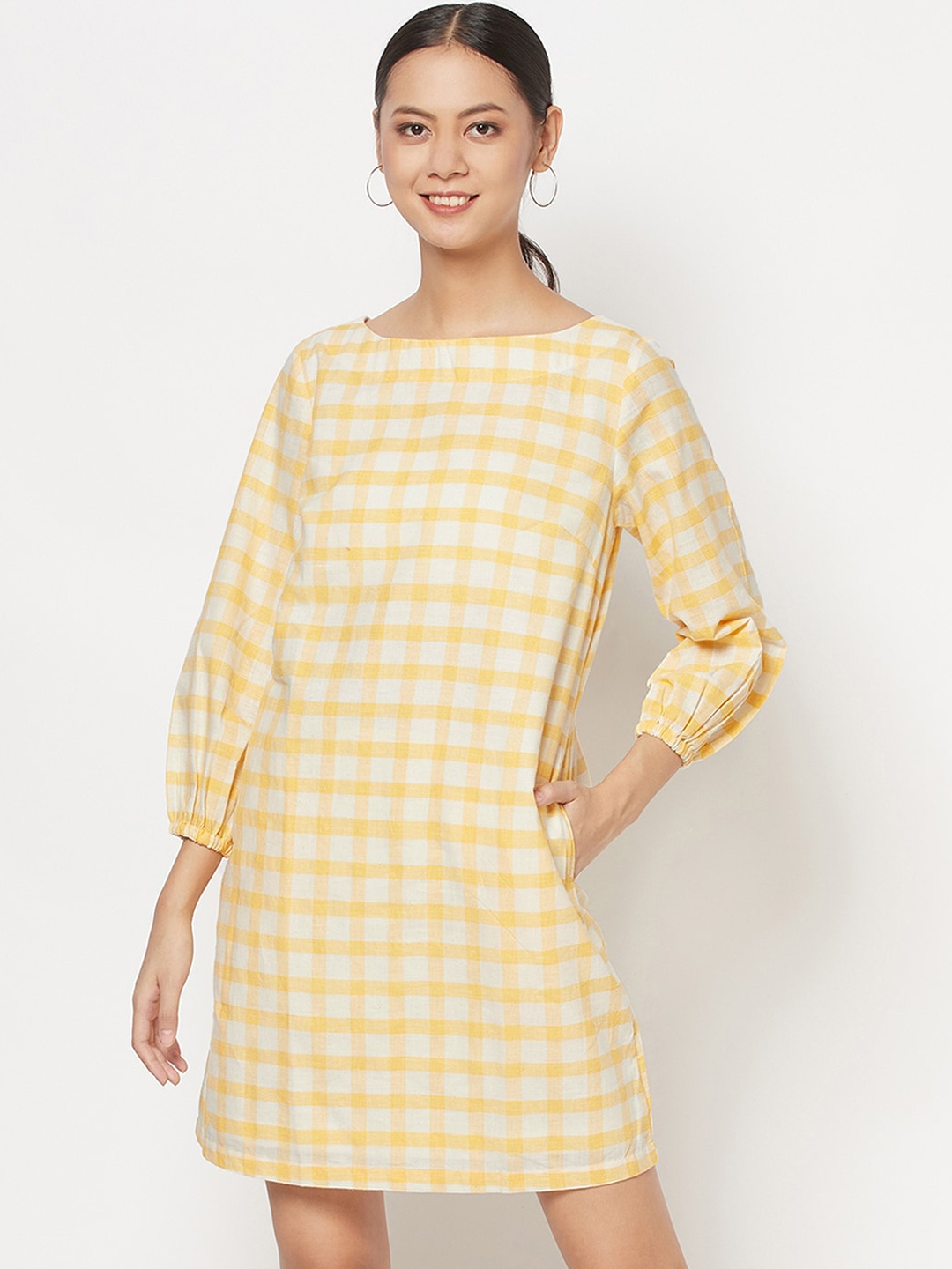 

Fabindia Yellow Checked A-Line Dress