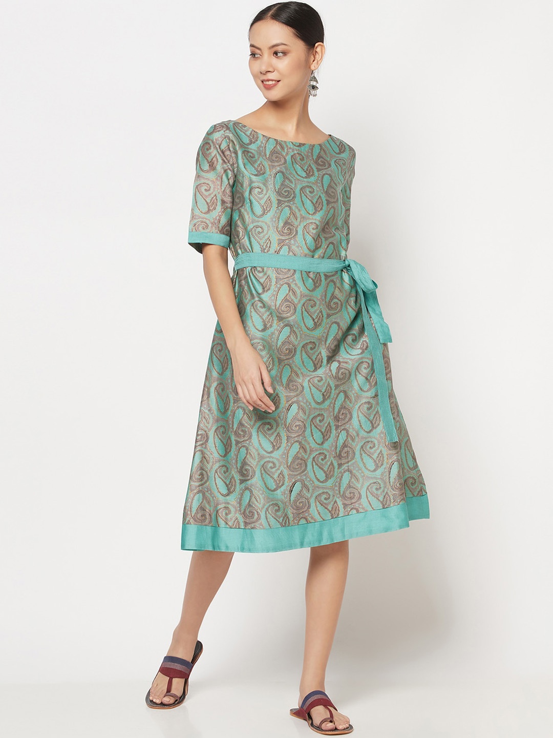 

Fabindia Turquoise Blue & Grey Ethnic Motifs Ethnic A-Line Midi Dress