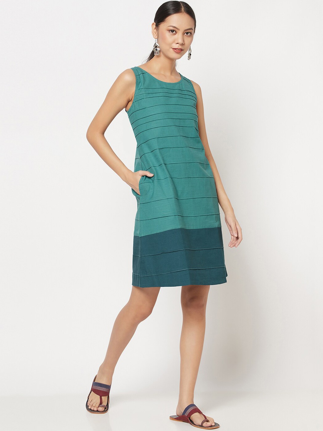 

Fabindia Teal & Green Pin-Tuck Cotton A-Line Dress