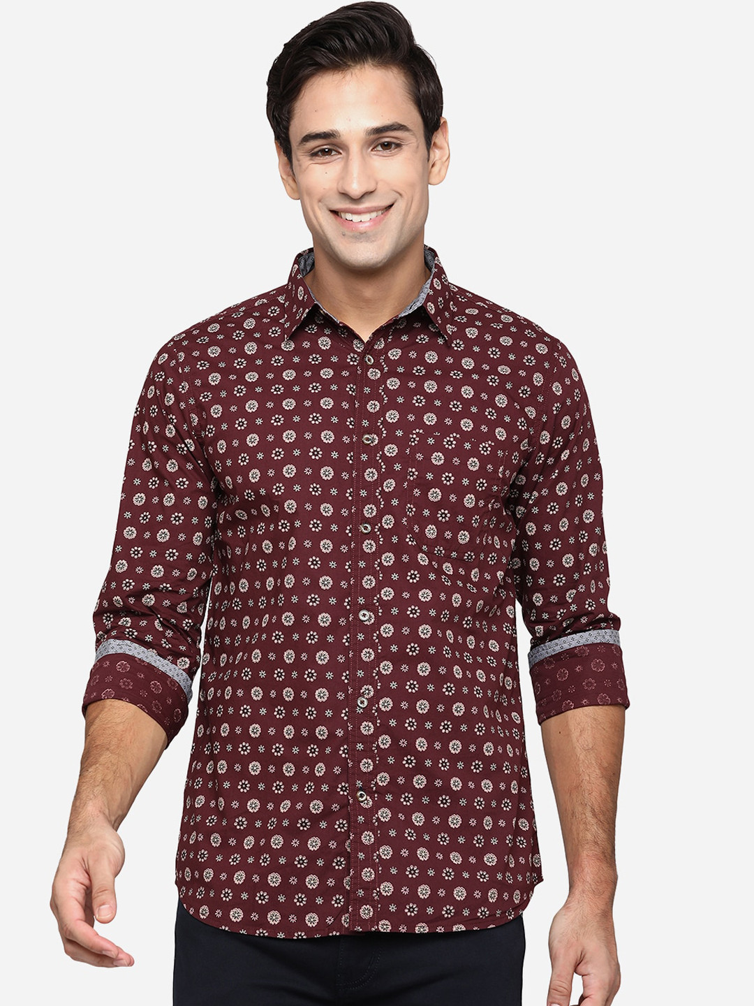 

JADE BLUE Men Classic Slim Fit Floral Opaque Printed Cotton Casual Shirt, Maroon