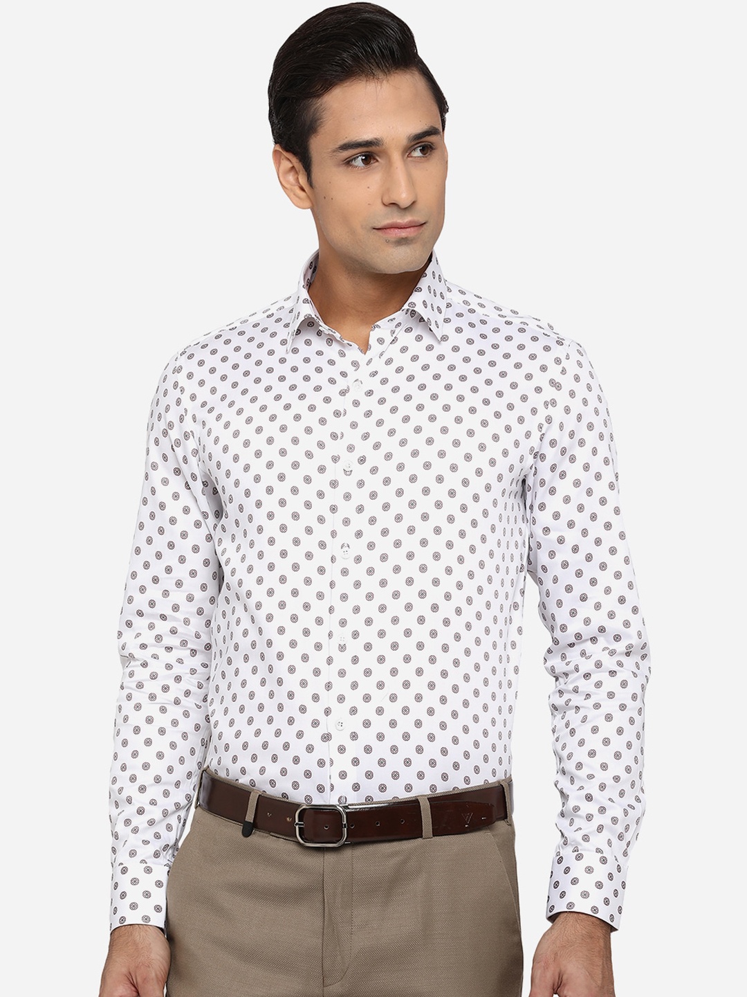 

JADE BLUE Men White Classic Slim Fit Opaque Printed Cotton Formal Shirt