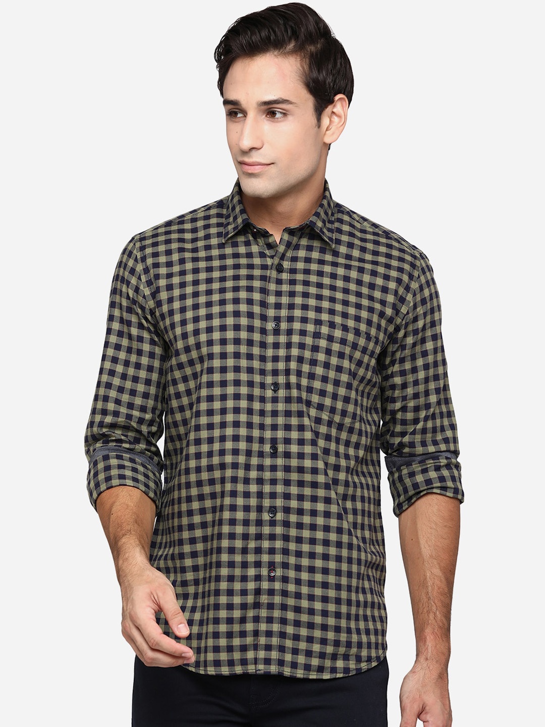 

JADE BLUE Men Navy Blue Classic Slim Fit Opaque Checked Pure Cotton Casual Shirt