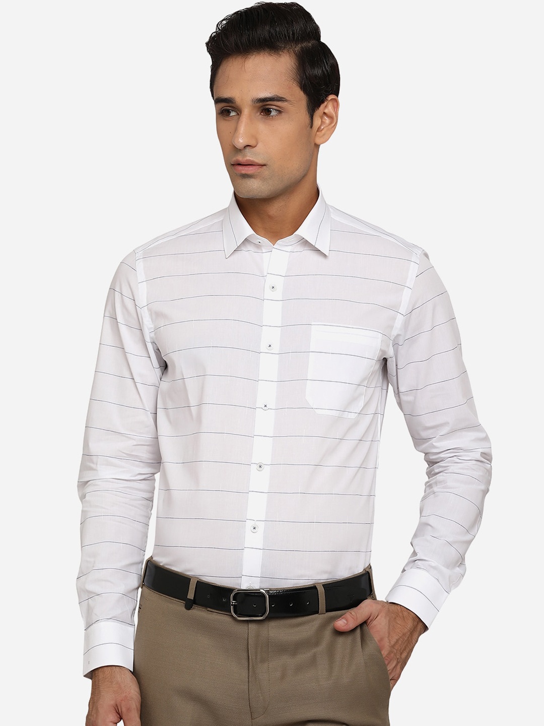 

JADE BLUE Men White Classic Slim Fit Horizontal Stripes Opaque Striped Cotton Formal Shirt