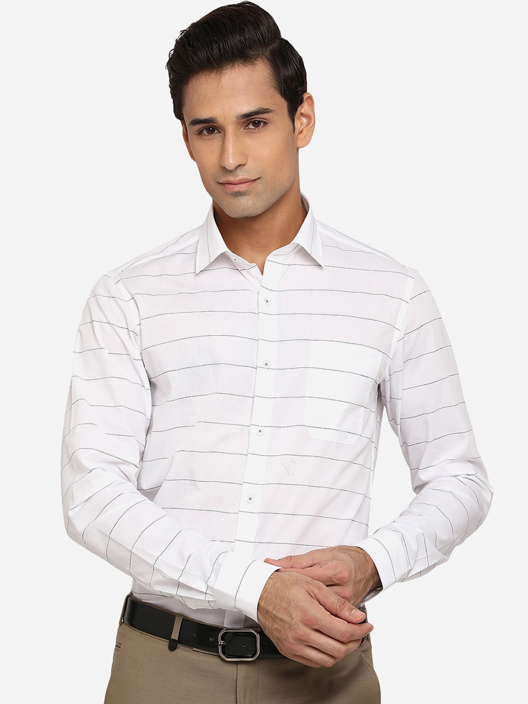 

JADE BLUE Men White Classic Slim Fit Opaque Striped Pure Cotton Formal Shirt
