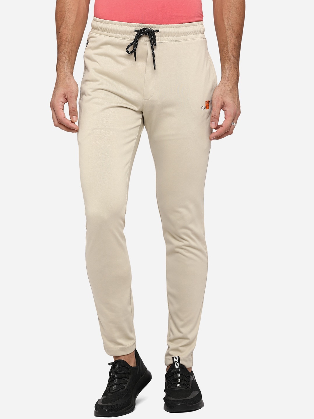 

JADE BLUE Men Beige Solid Pure Cotton Track Pants