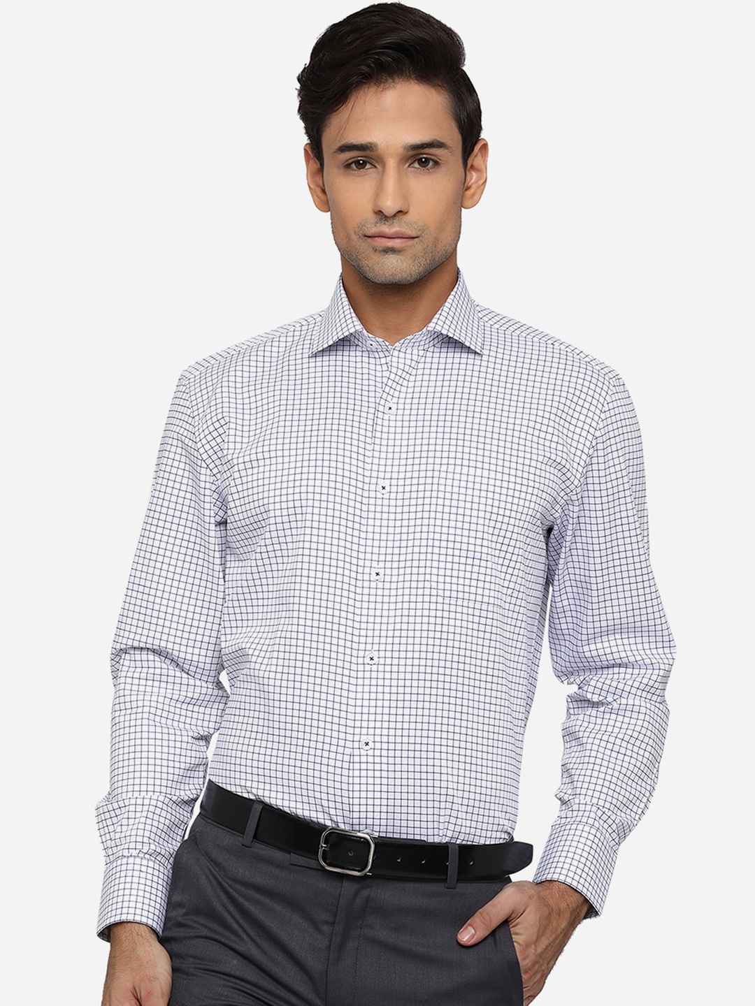 

JADE BLUE Men White & Blue Classic Grid Tattersall Checks Cotton Formal Shirt
