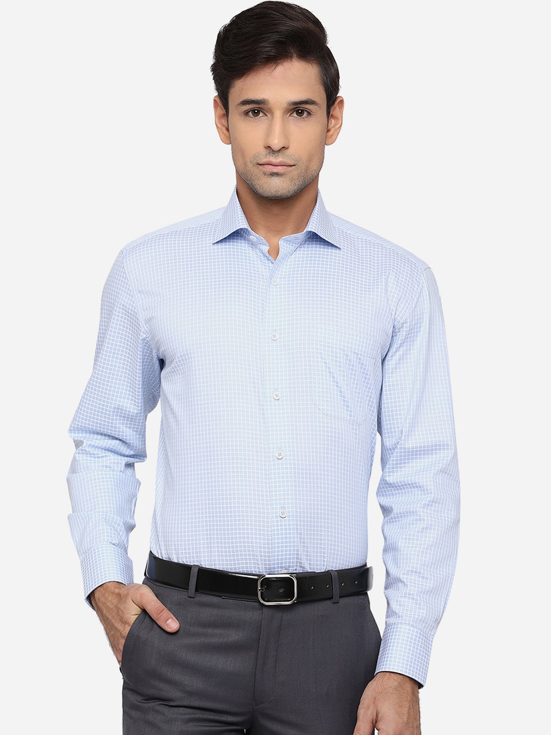 

JADE BLUE Men Blue Classic Grid Tattersall Checks Opaque Checked Pure Cotton Formal Shirt