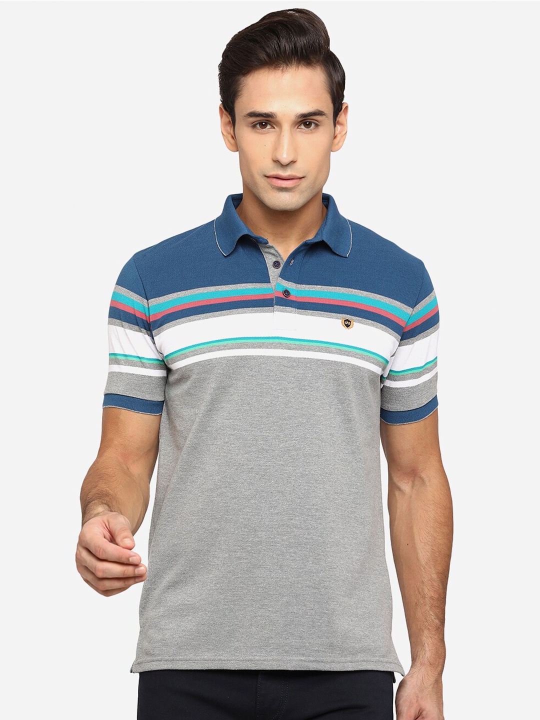 

JADE BLUE Men Grey Colourblocked Polo Collar Pure Cotton Slim Fit T-shirt