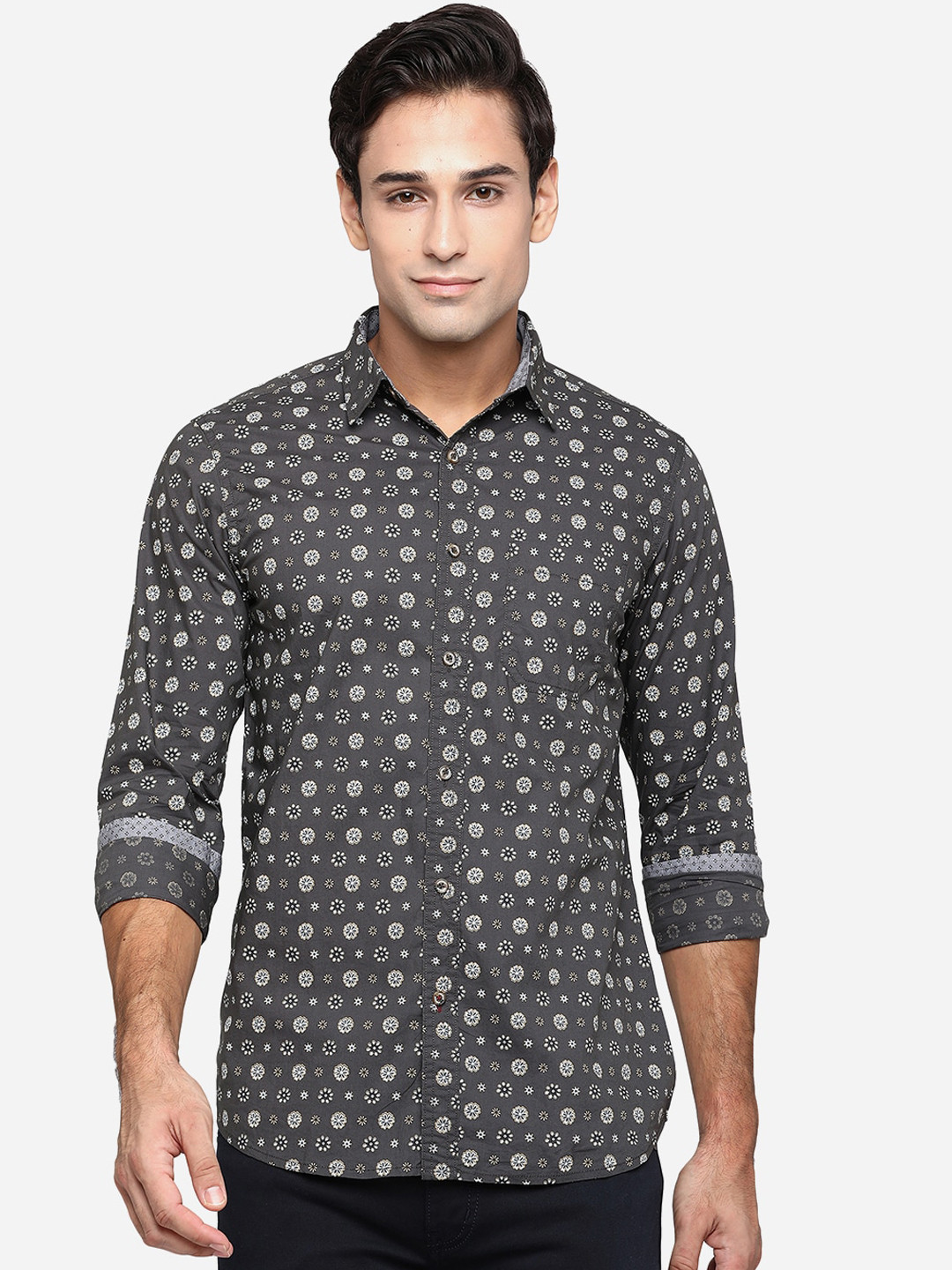 

JADE BLUE Men Grey Classic Slim Fit Opaque Printed Casual Shirt