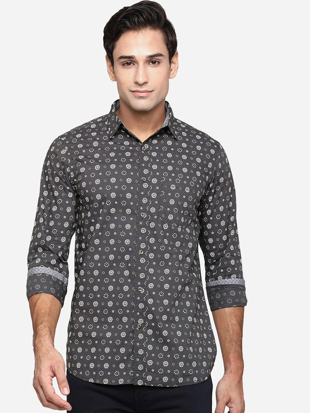 

JADE BLUE Men Charcoal Grey Classic Slim Fit Floral Opaque Printed Cotton Casual Shirt