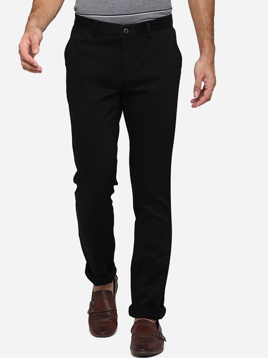 

JADE BLUE Men Black Slim Fit Pure Cotton Trousers