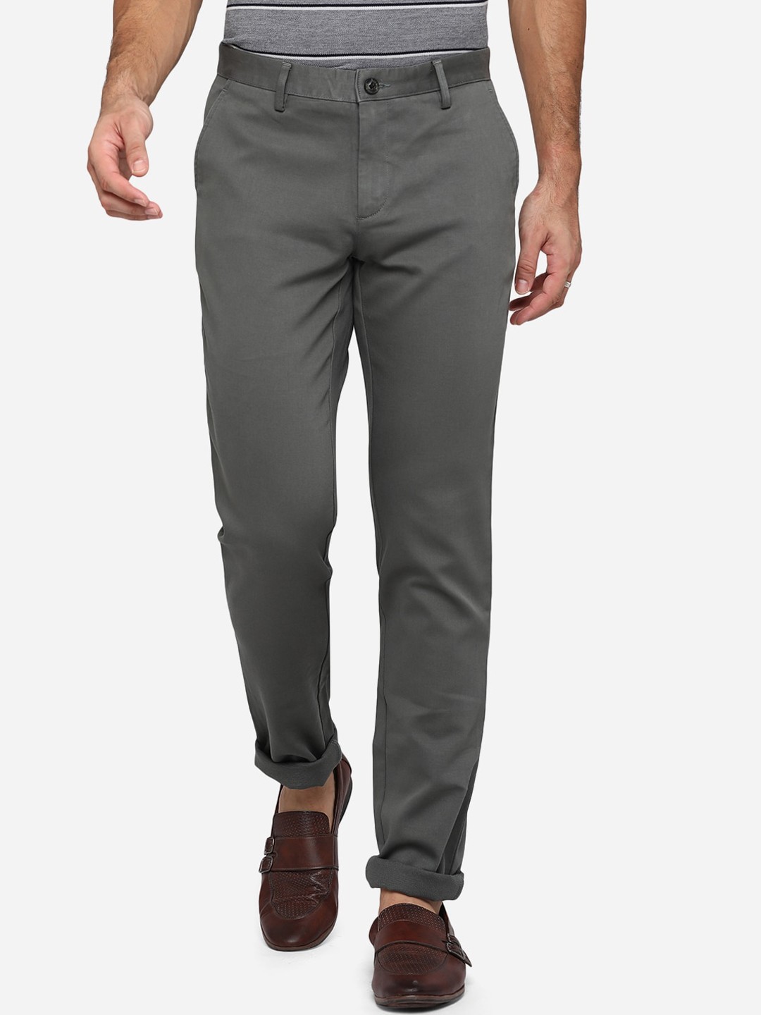 

JADE BLUE Men Grey Slim Fit Pure Cotton Trousers