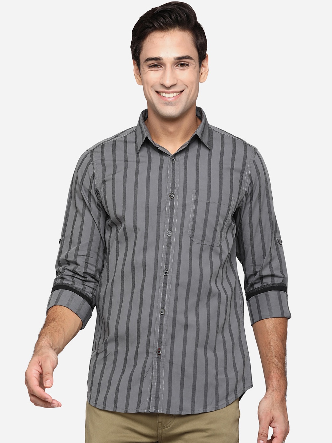 

JADE BLUE Men Grey Classic Slim Fit Striped Casual Shirt
