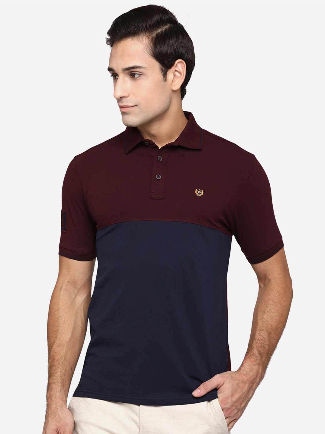 

JADE BLUE Men Maroon & Navy Blue Colourblocked Polo Collar Pure Cotton Slim Fit T-shirt