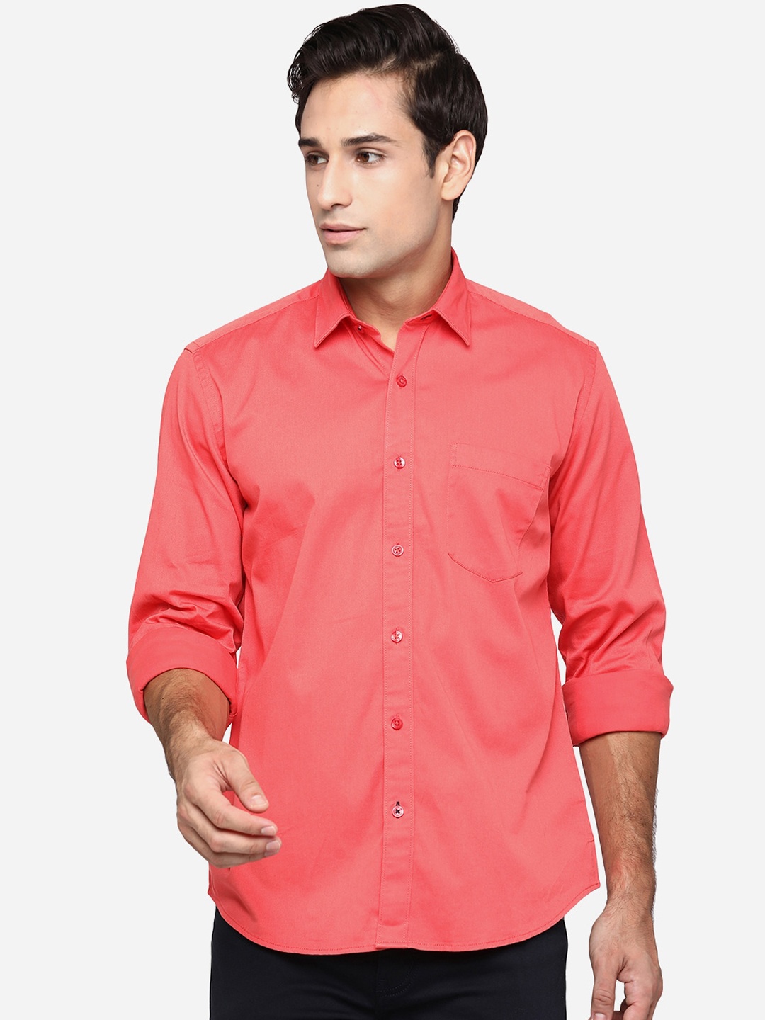 

JADE BLUE Men Red Solid Pure Cotton Classic Slim Fit Casual Shirt