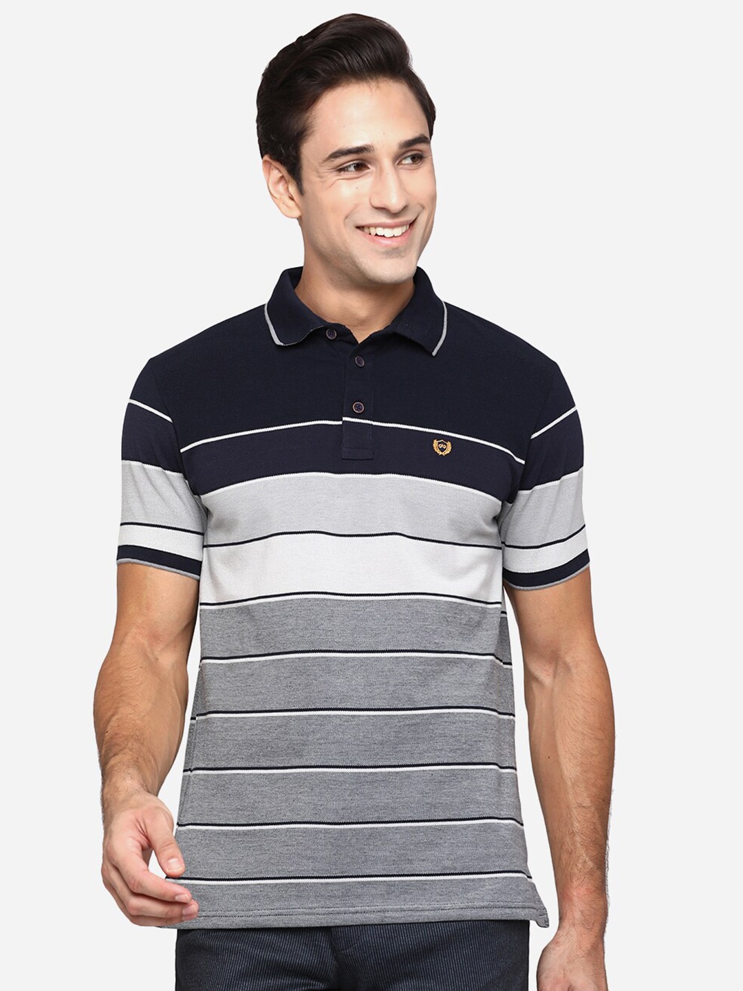 

JADE BLUE Men Multicoloured Striped Polo Collar Pure Cotton Slim Fit T-shirt, Multi