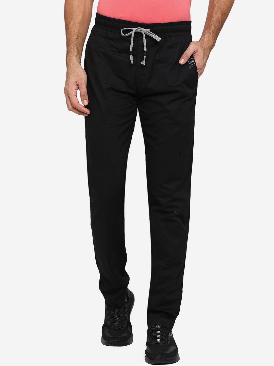 

JADE BLUE Men Black Solid Pure Cotton Track Pants