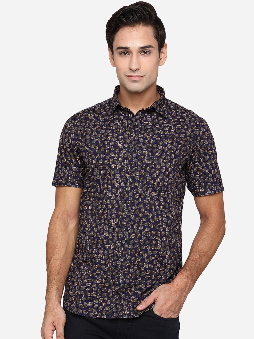 

JADE BLUE Men Purple Classic Slim Fit Floral Opaque Printed Cotton Casual Shirt, Navy blue