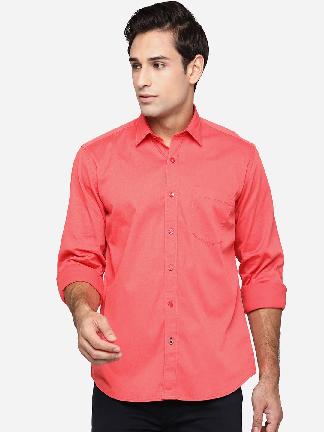 

JADE BLUE Men Red Solid Pure Cotton Classic Slim Fit Casual Shirt